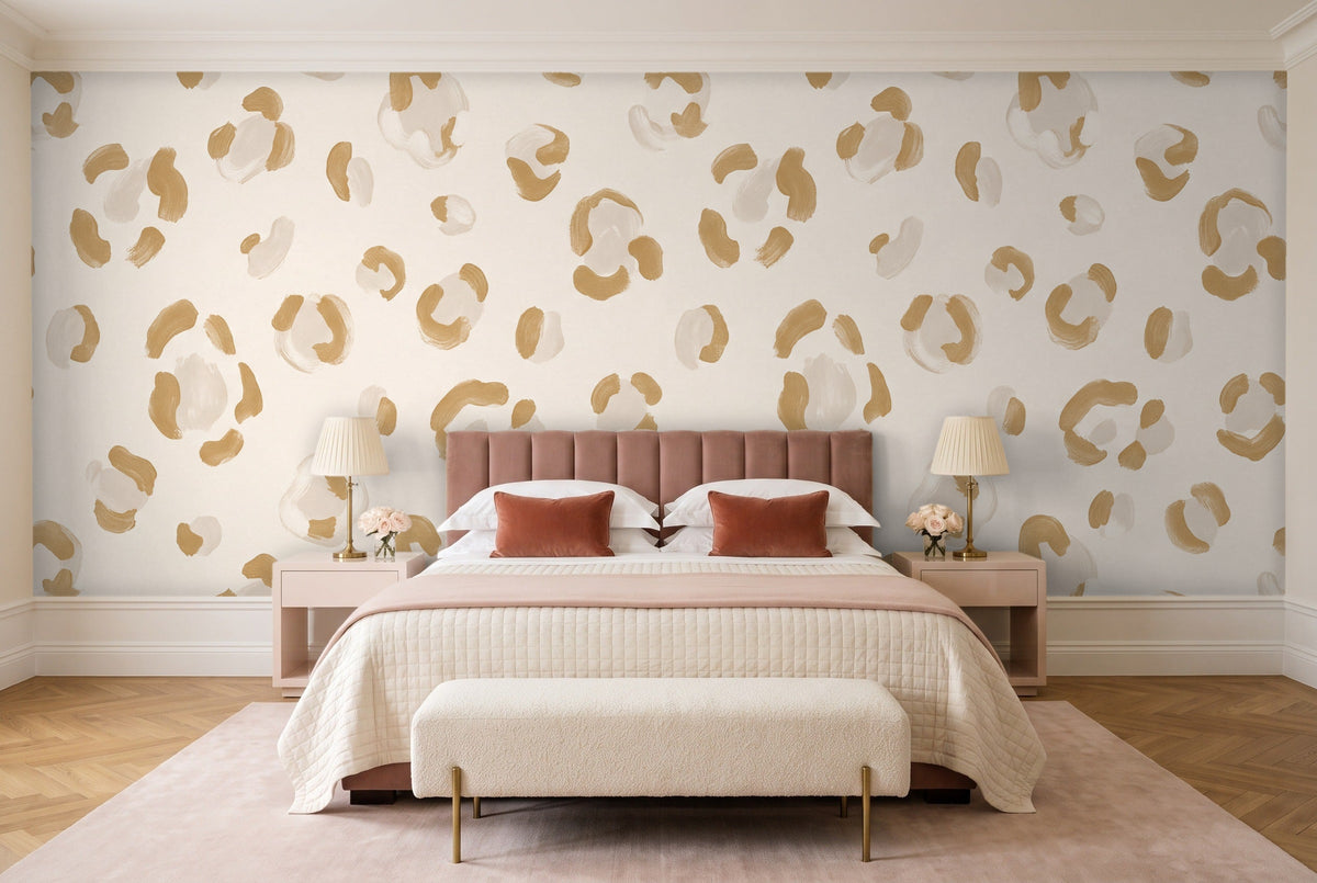 White And Gold Cheetah Animal Mural in a bedroom