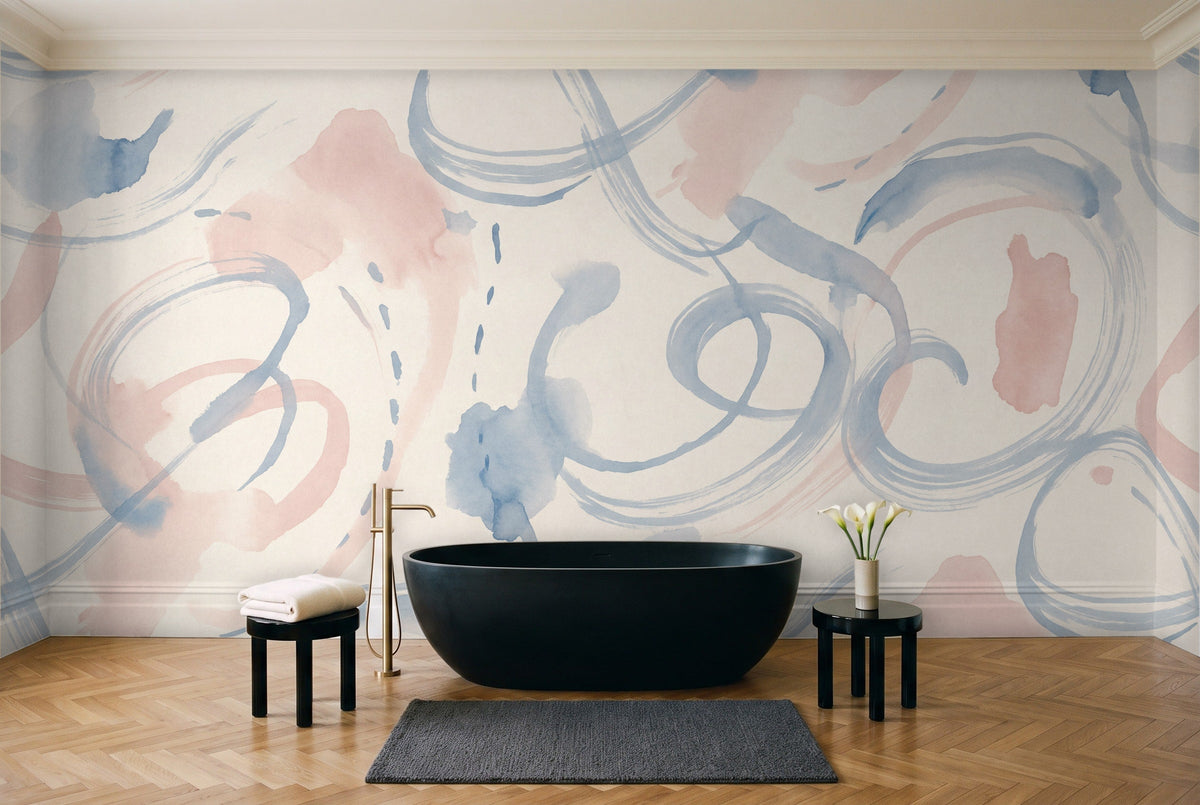 Blue And Pink Brushstroke Abstract Mural in a bathroom