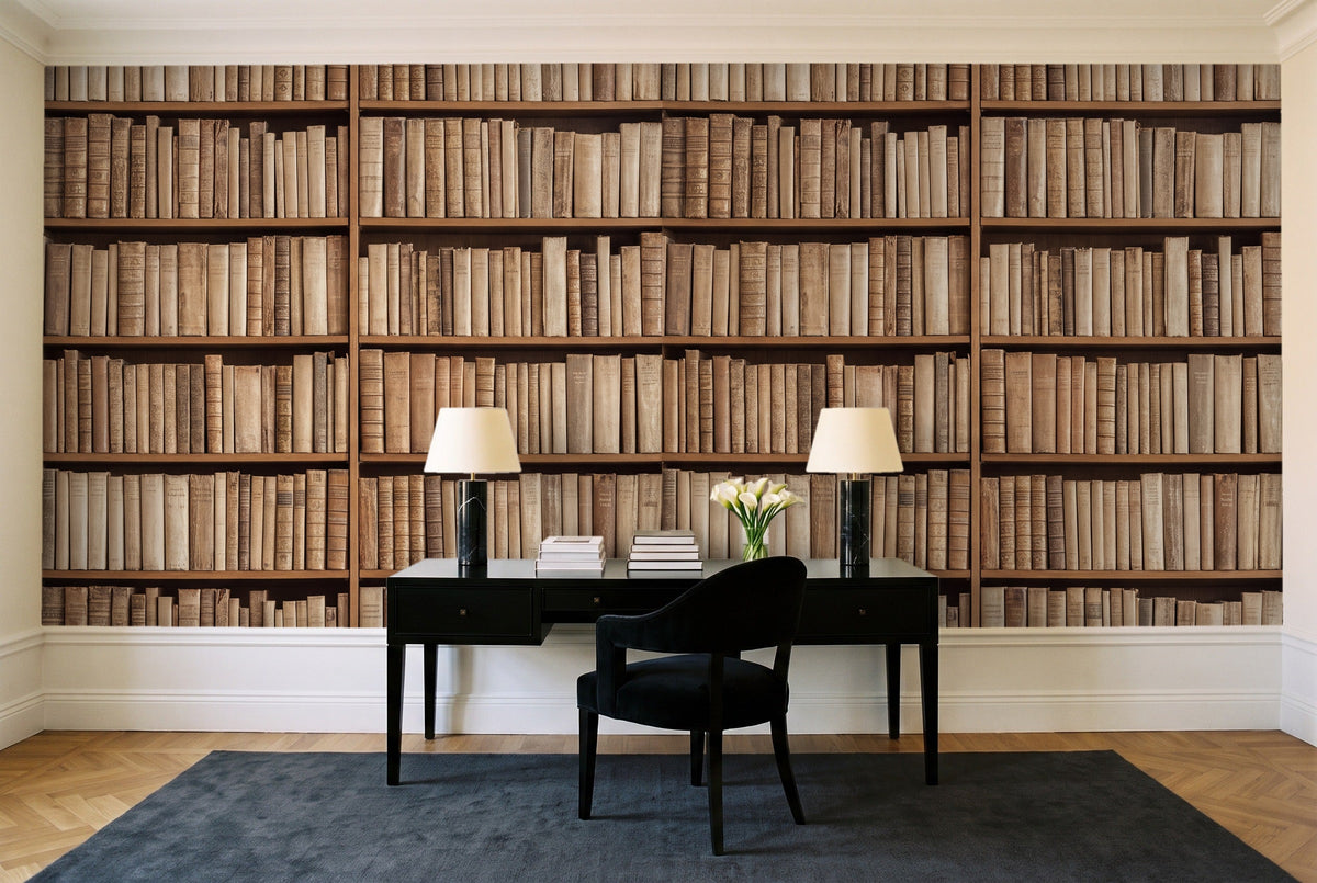 Beige Bookshelf Library Mural in a home office