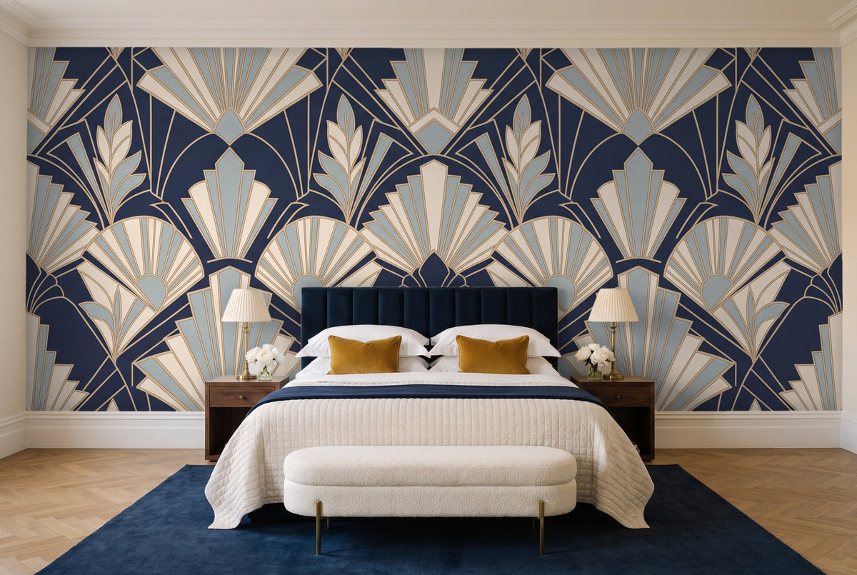 Navy Art Deco Mural in a bedroom