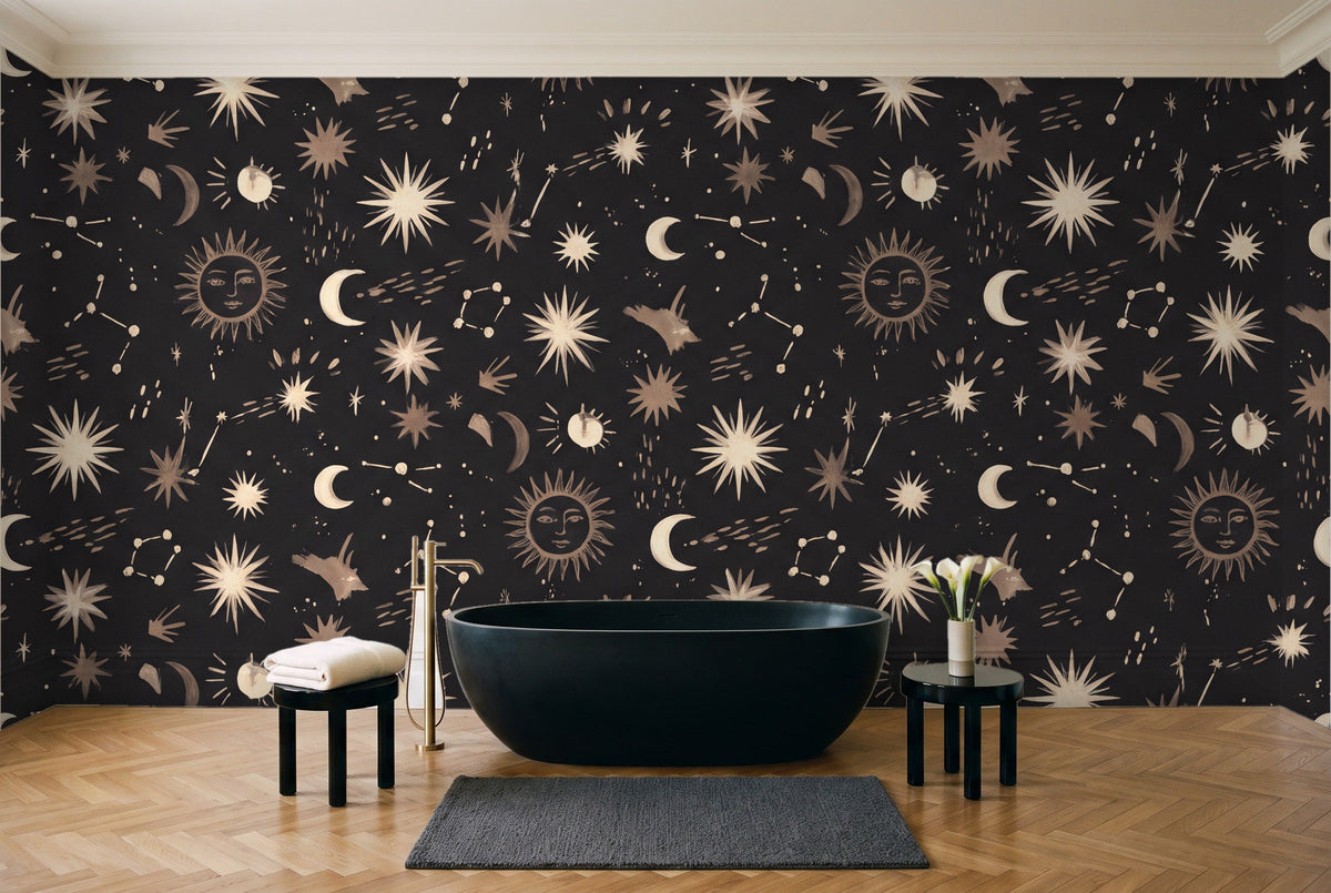 Charcoal Stars Celestial Mural in a bathroom