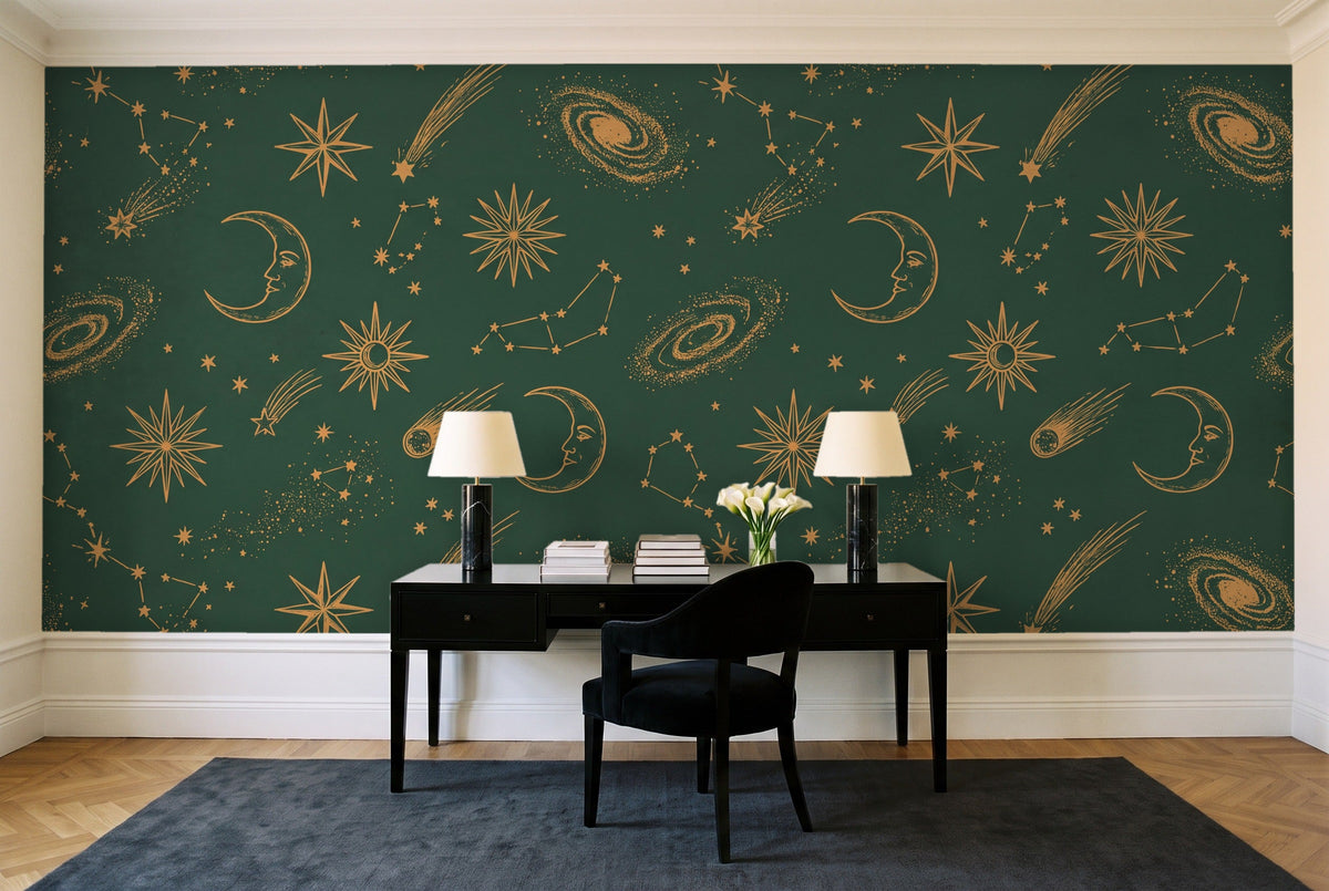 Green And Gold Stars Celestial Mural in a home office