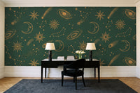 Green And Gold Stars Celestial Mural in a home office
