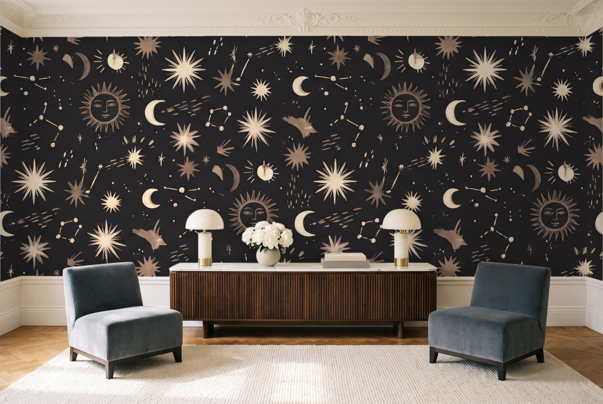 Charcoal Stars Celestial Mural in a living room