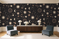 Charcoal Stars Celestial Mural in a living room