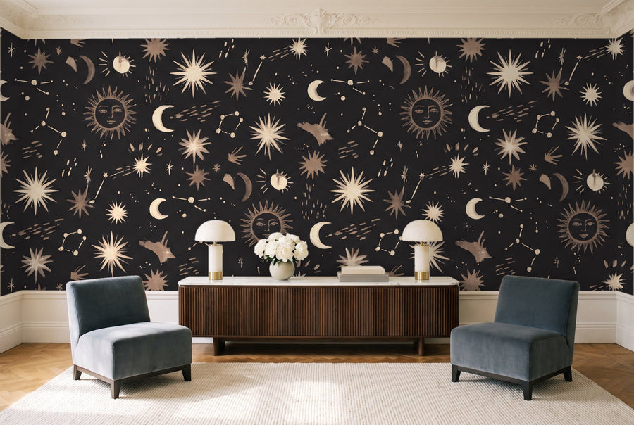 Charcoal Stars Celestial Mural on a wall