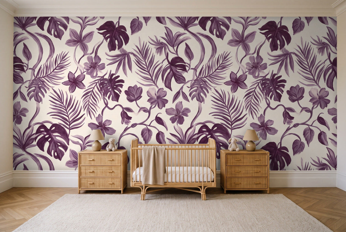 Purple Jungle Tropical Mural in a nursery