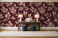 Burgundy Leaf Botanical Mural in an entryway