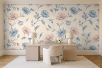 Blue And Pink Poppy Floral Mural in a home office