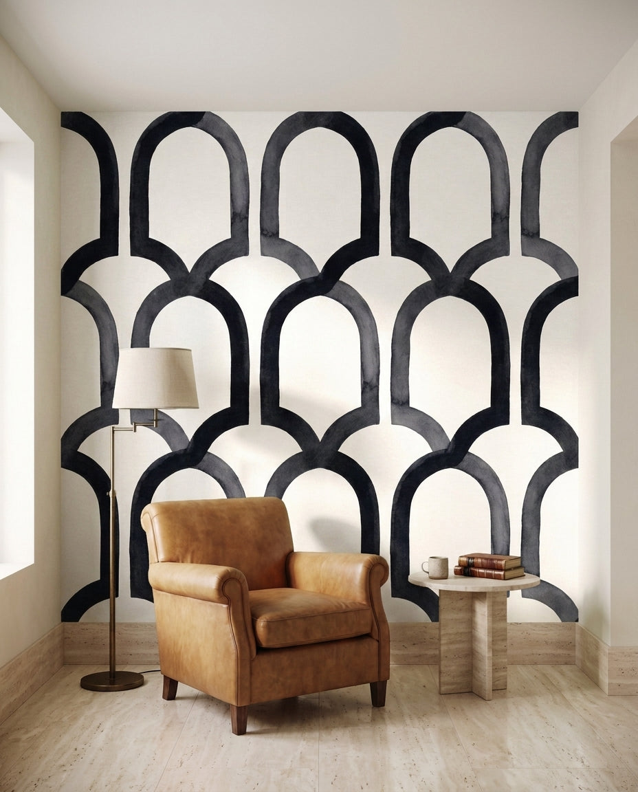 Black Arch Geometric Mural on a feature wall