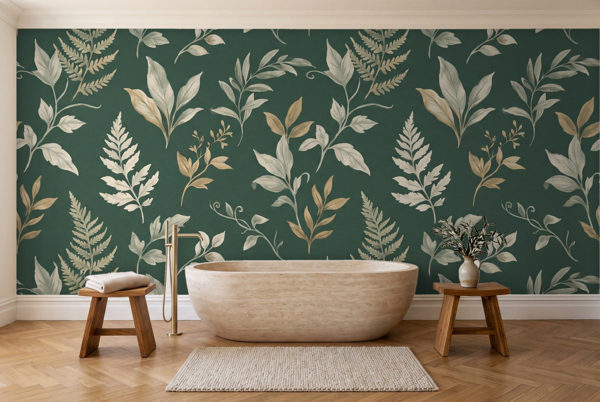 Emerald Leaf Botanical Mural in a bathroom