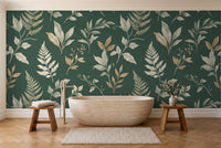 Emerald Leaf Botanical Mural in a bathroom
