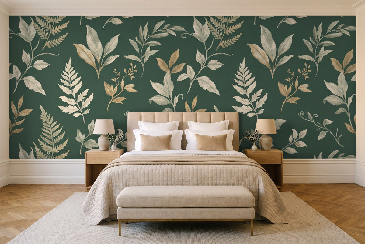Emerald Leaf Botanical Mural in a bedroom