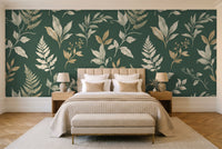 Emerald Leaf Botanical Mural in a bedroom