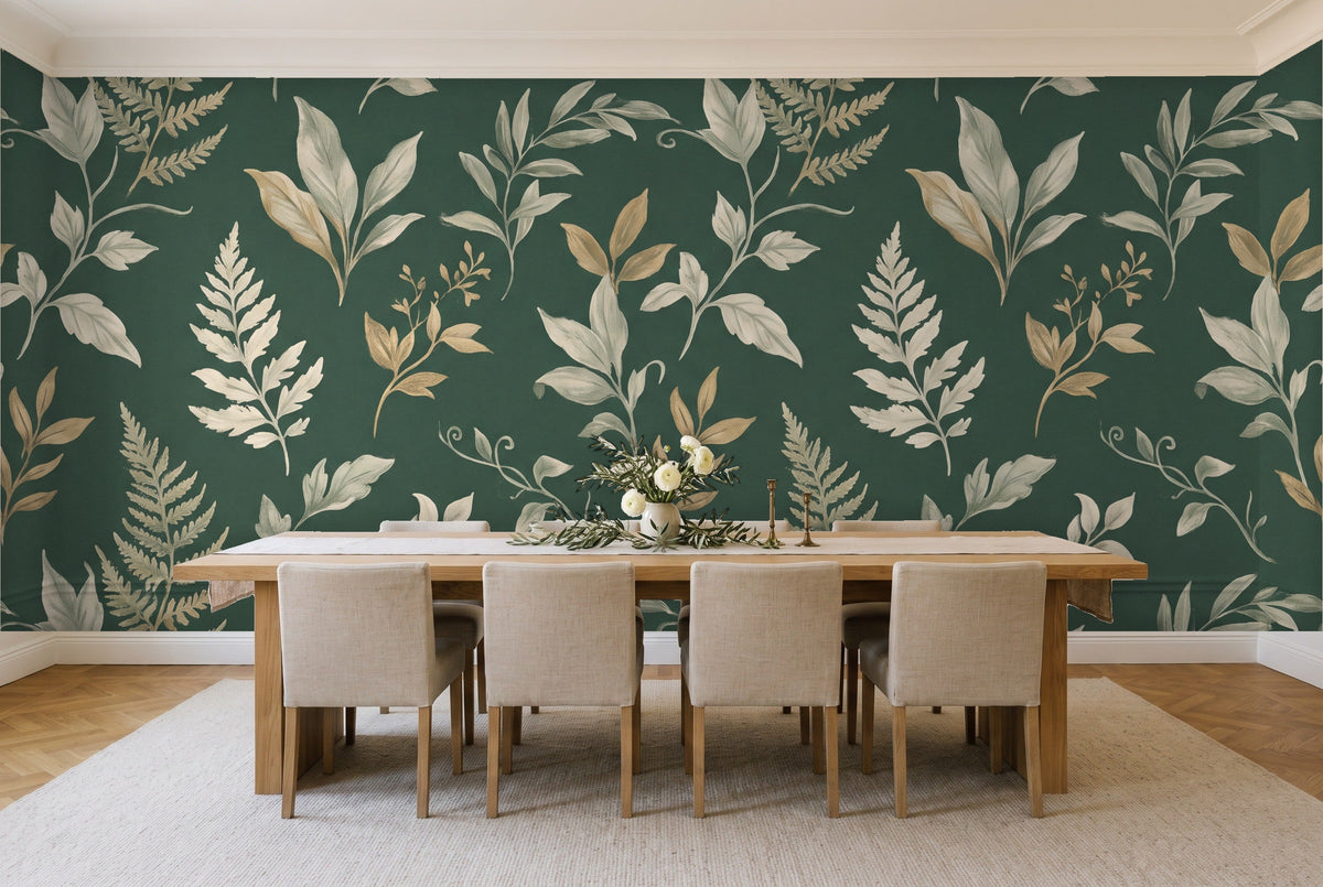 Emerald Leaf Botanical Mural in a dining room