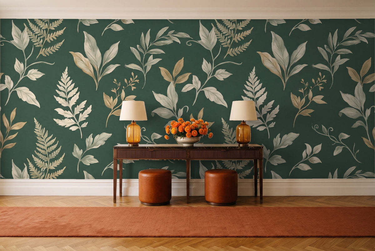 Emerald Leaf Botanical Mural in an entryway