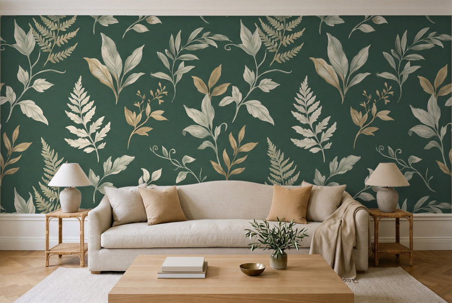 Emerald Leaf Botanical Mural on a wall