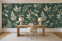 Emerald Leaf Botanical Mural in a home office