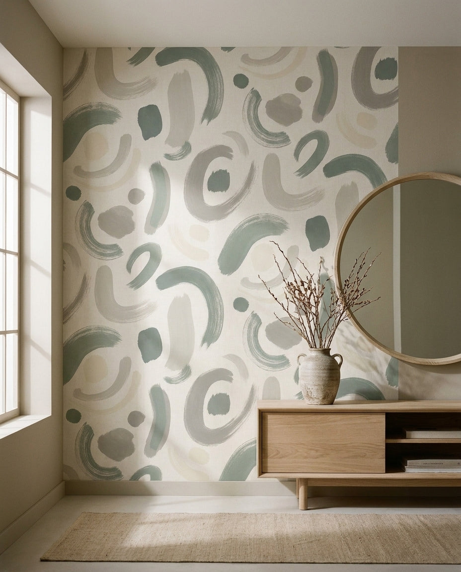Sage Brushstroke Abstract Mural on a feature wall