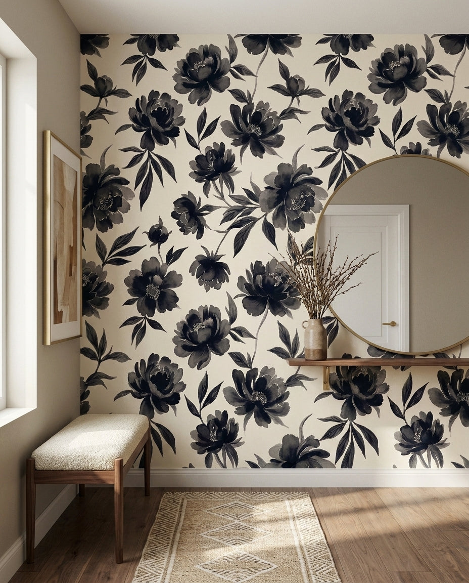 Black-and-white Peony Floral Mural in an interior