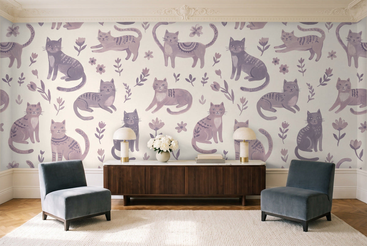 Lilac Cat Animal Mural in a living room