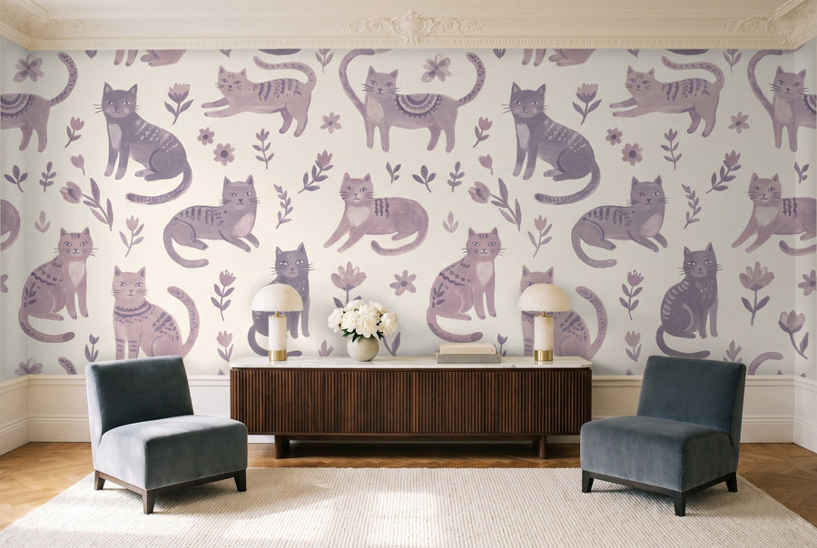 Lilac Cat Animal Mural on a wall