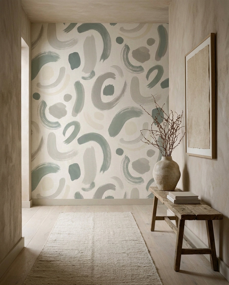 Sage Brushstroke Abstract Mural in an interior