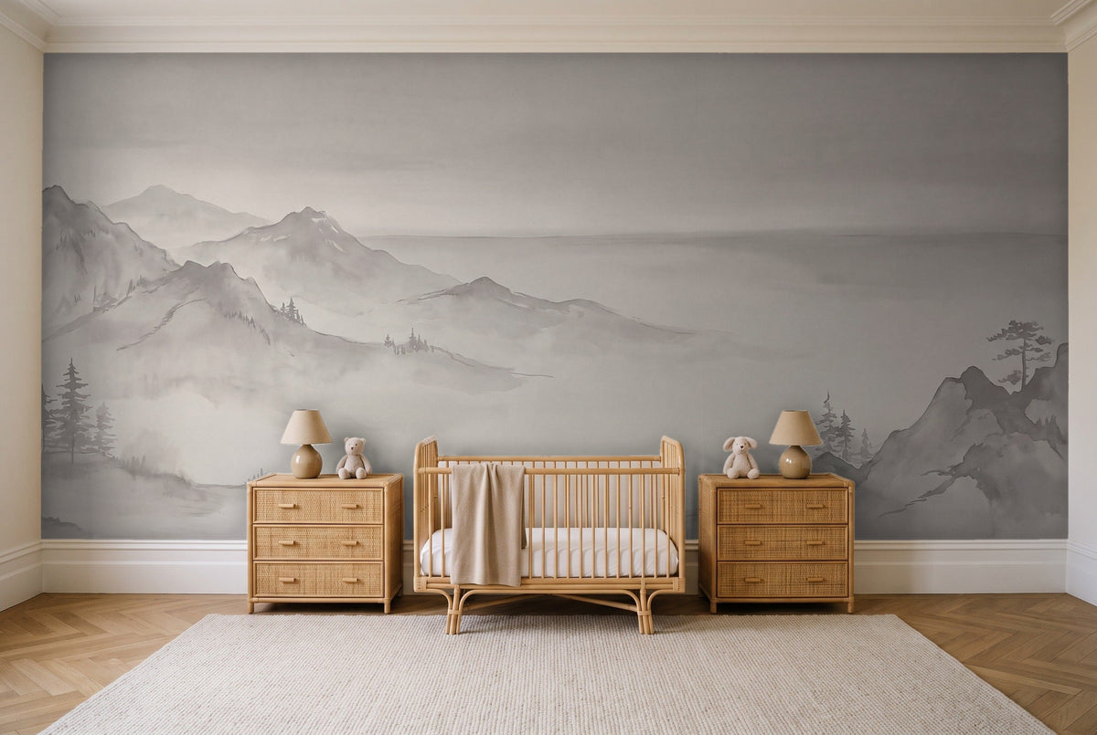 Grey Mountain Landscape Mural in a nursery