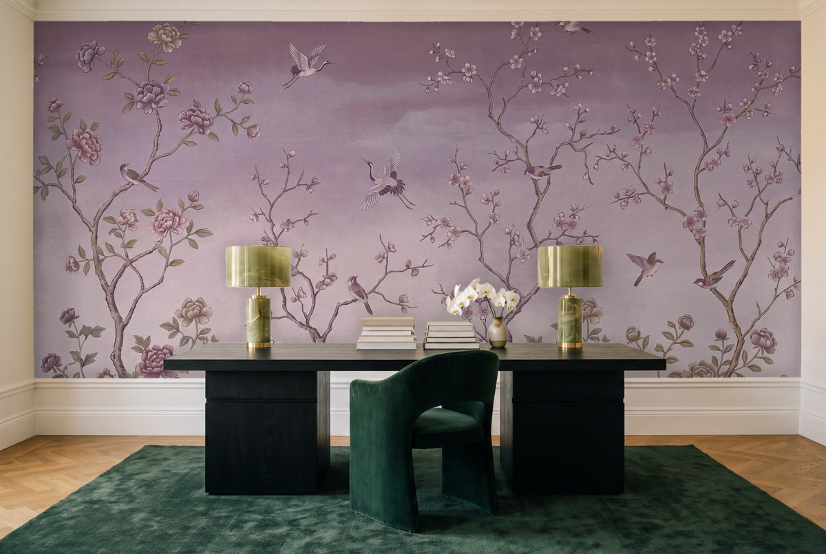 Purple Chinoiserie Garden Chinoiserie Mural in a home office