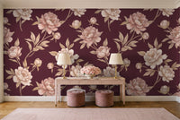 Burgundy Peony Floral Mural in an entryway