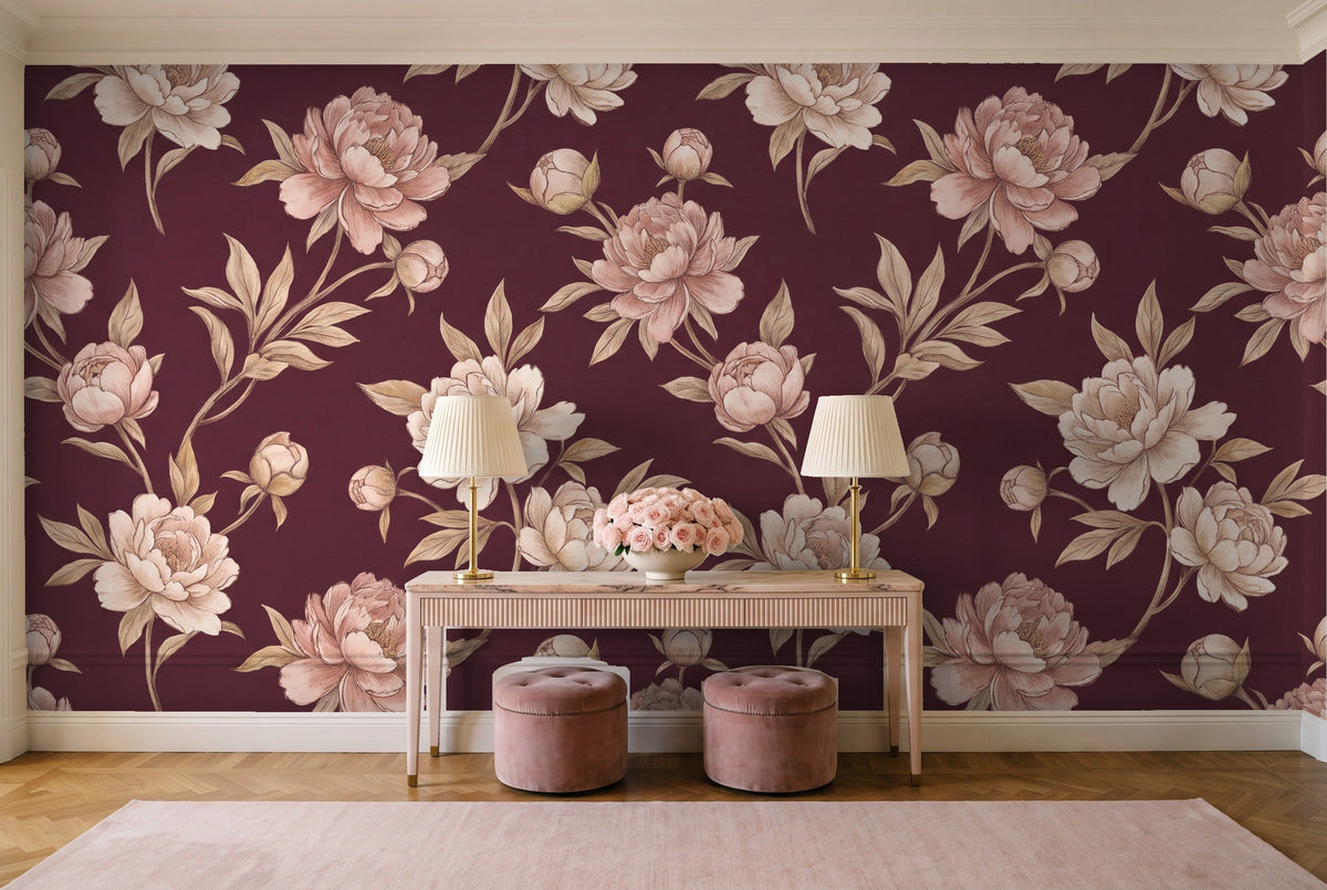Burgundy Peony Floral Mural in an entryway