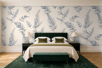 Blue And Grey Fern Botanical Mural in a bedroom