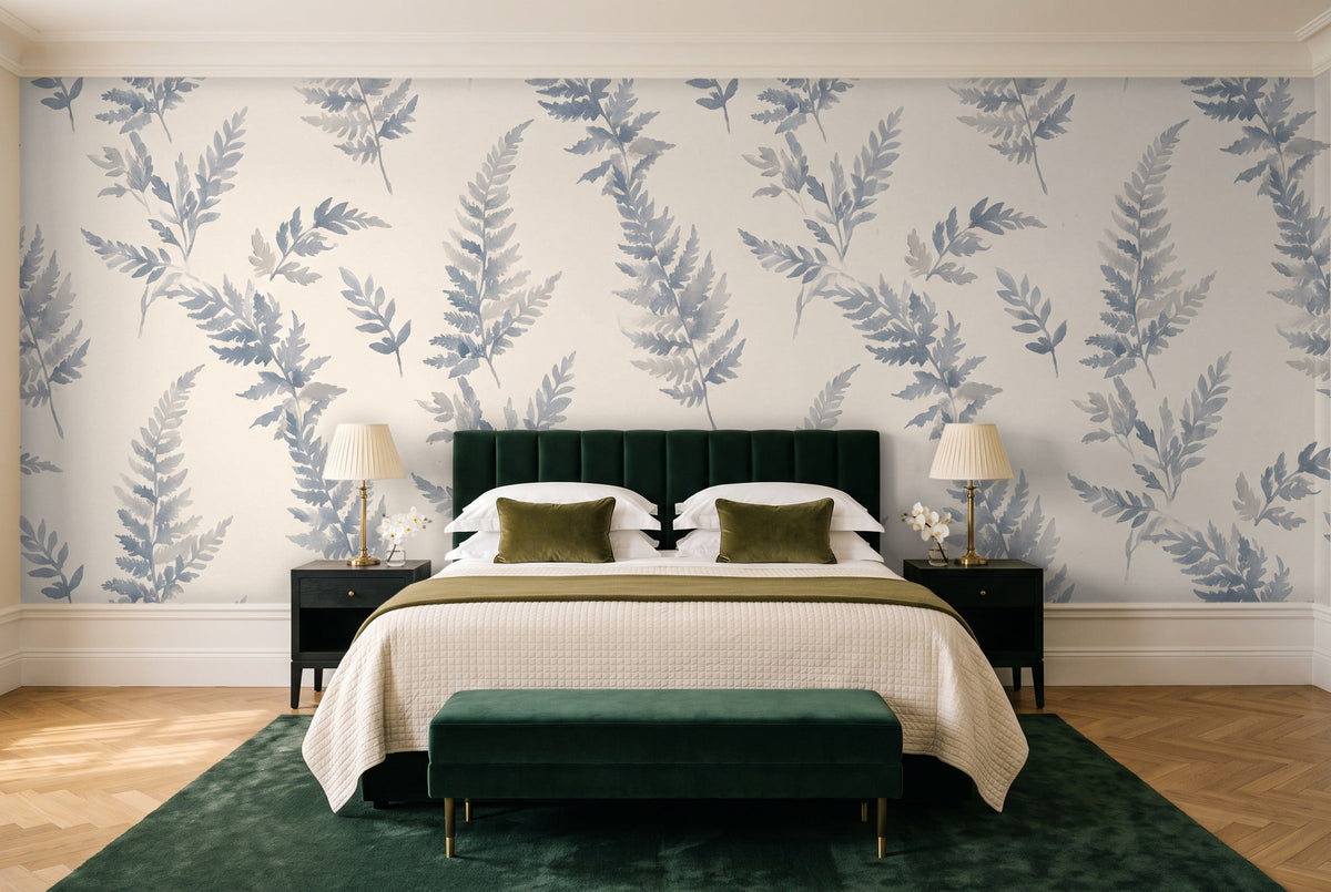 Blue And Grey Fern Botanical Mural in a bedroom