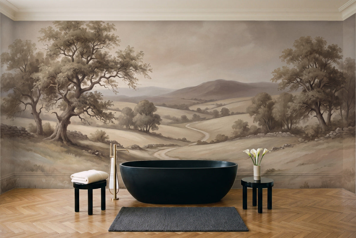 Beige Countryside Landscape Mural in a bathroom