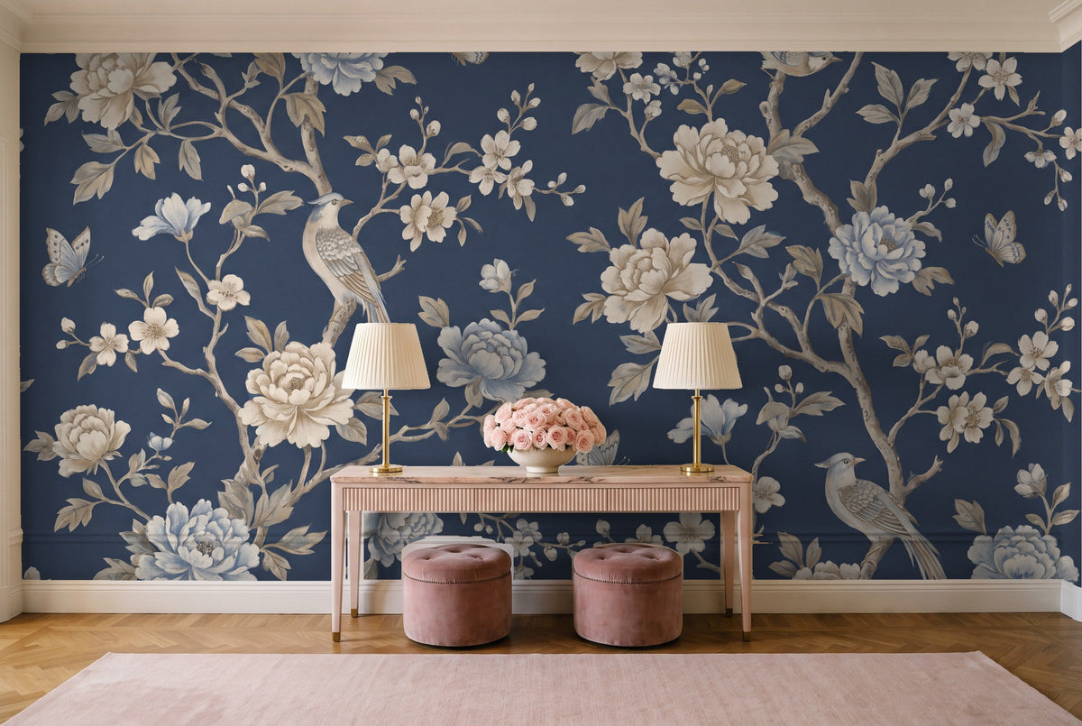 Navy Peony Floral Mural in an entryway