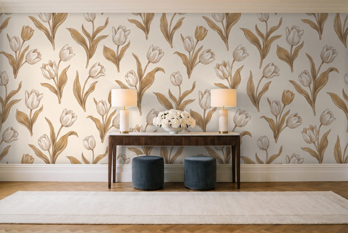White And Gold Tulip Floral Mural in an entryway