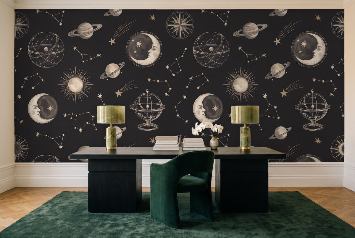 Black Moon Celestial Mural in a home office