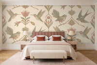 Green And Pink Songbird Animal Mural in a bedroom