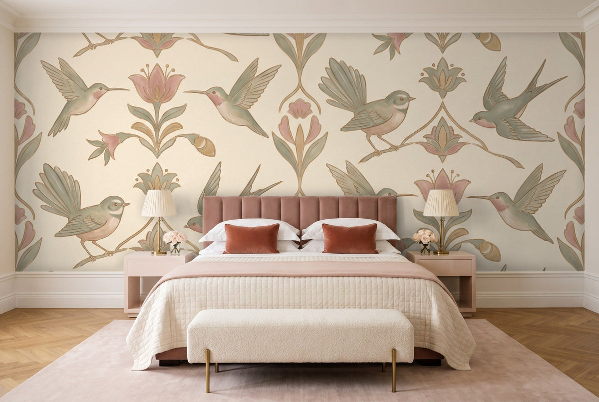 Green And Pink Songbird Animal Mural in a bedroom