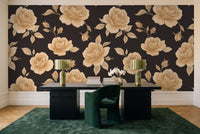 Black And Gold Rose Floral Mural in a home office