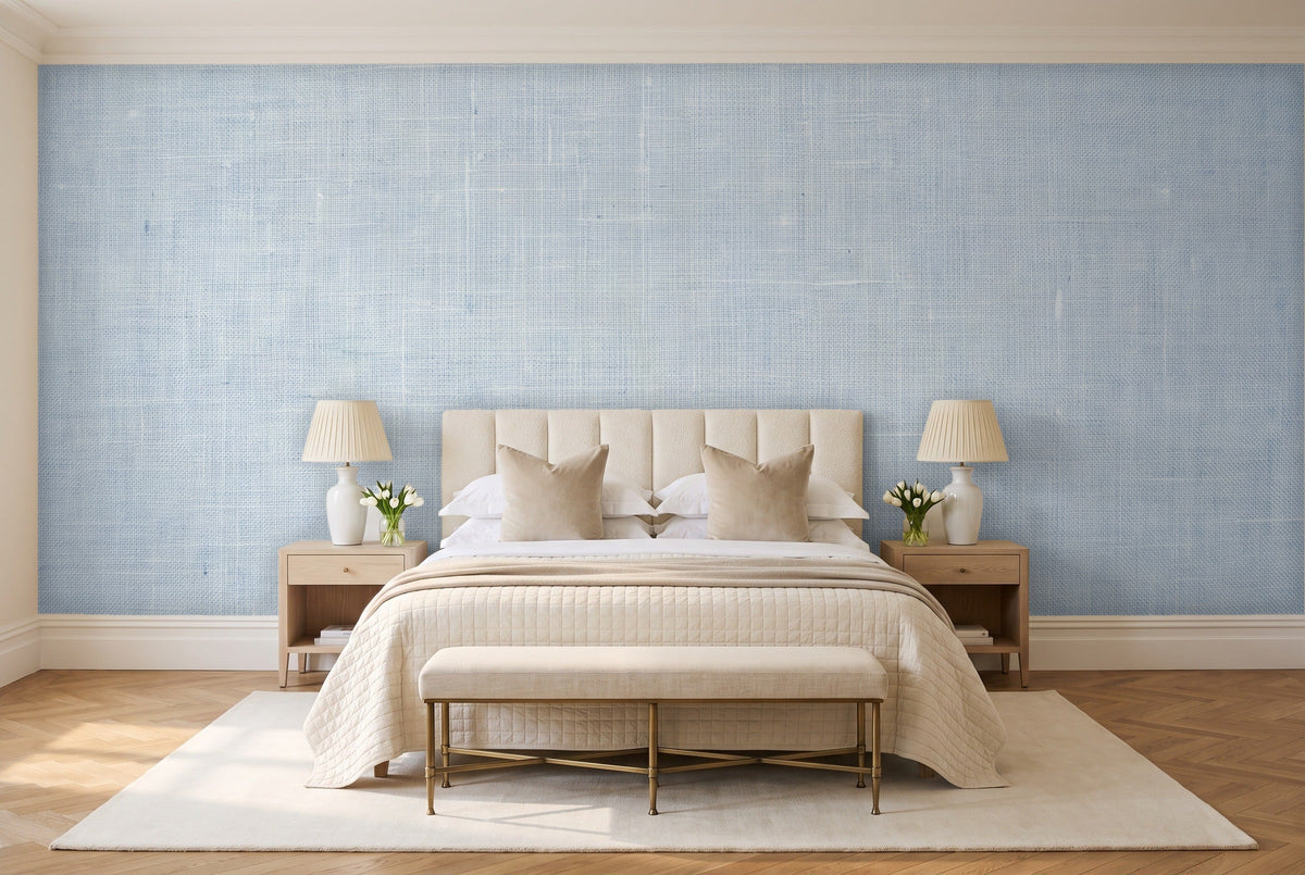 Light Blue Linen Texture Mural in a bedroom