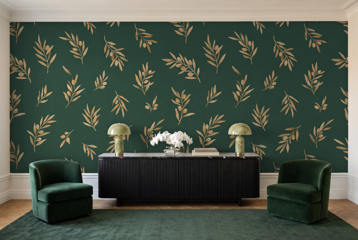 Green And Gold Olive Branch Botanical Mural in a living room