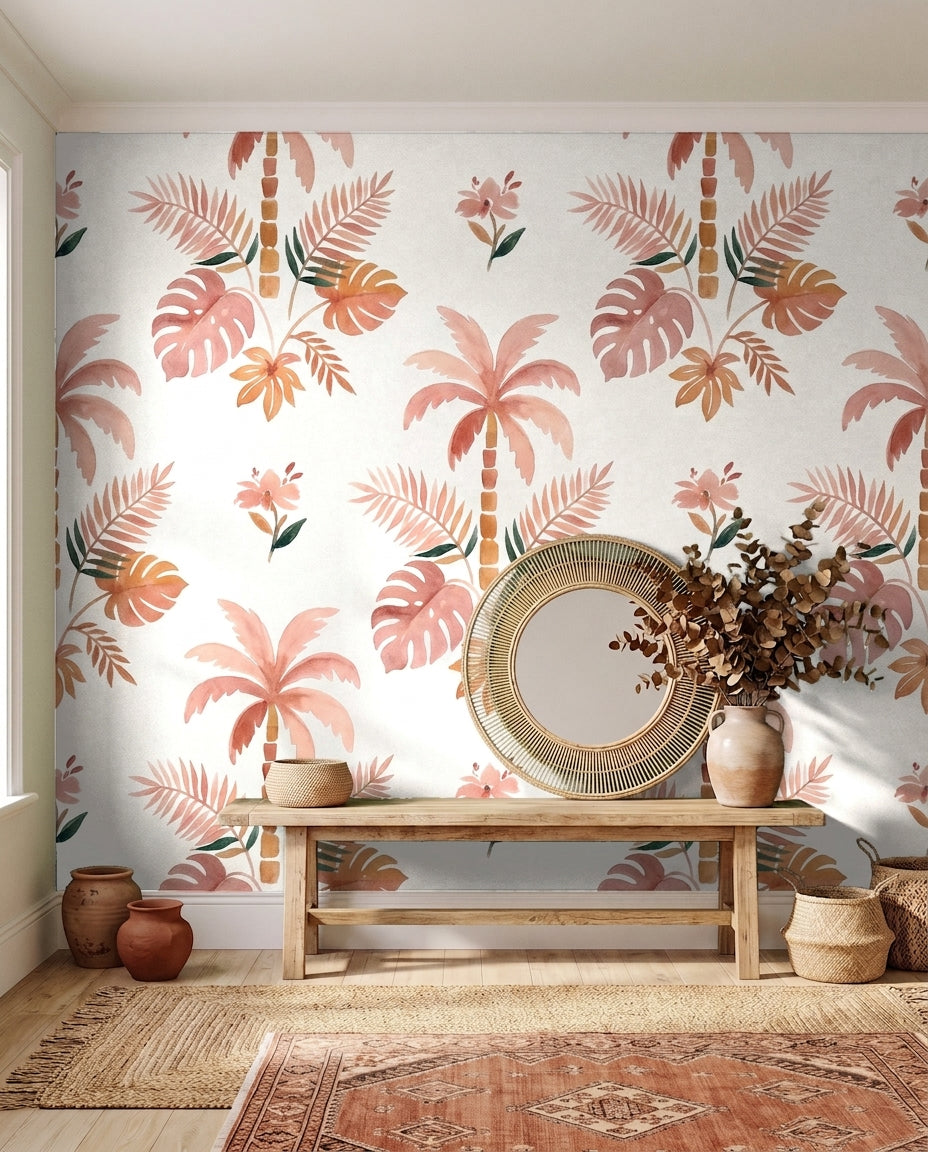 Blush Palm Tropical Mural on a feature wall