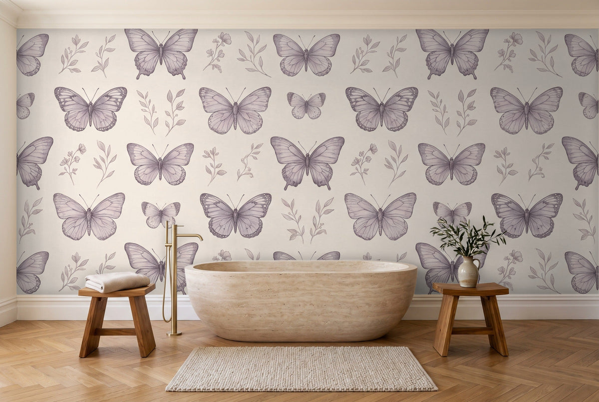 Lilac Butterfly Mural in a bathroom