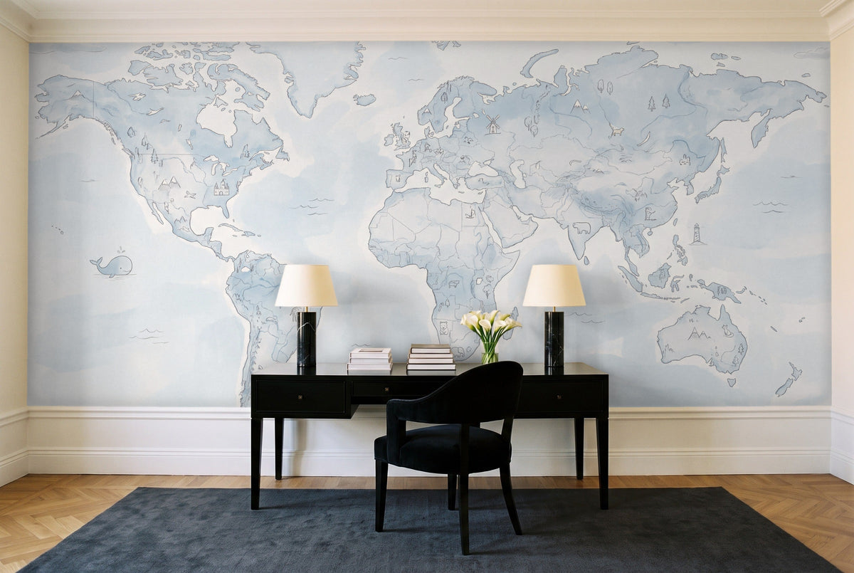 Light Blue World Map Map Mural in a home office
