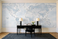 Light Blue World Map Map Mural in a home office