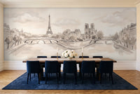 Cream Paris Cityscape Mural in a dining room