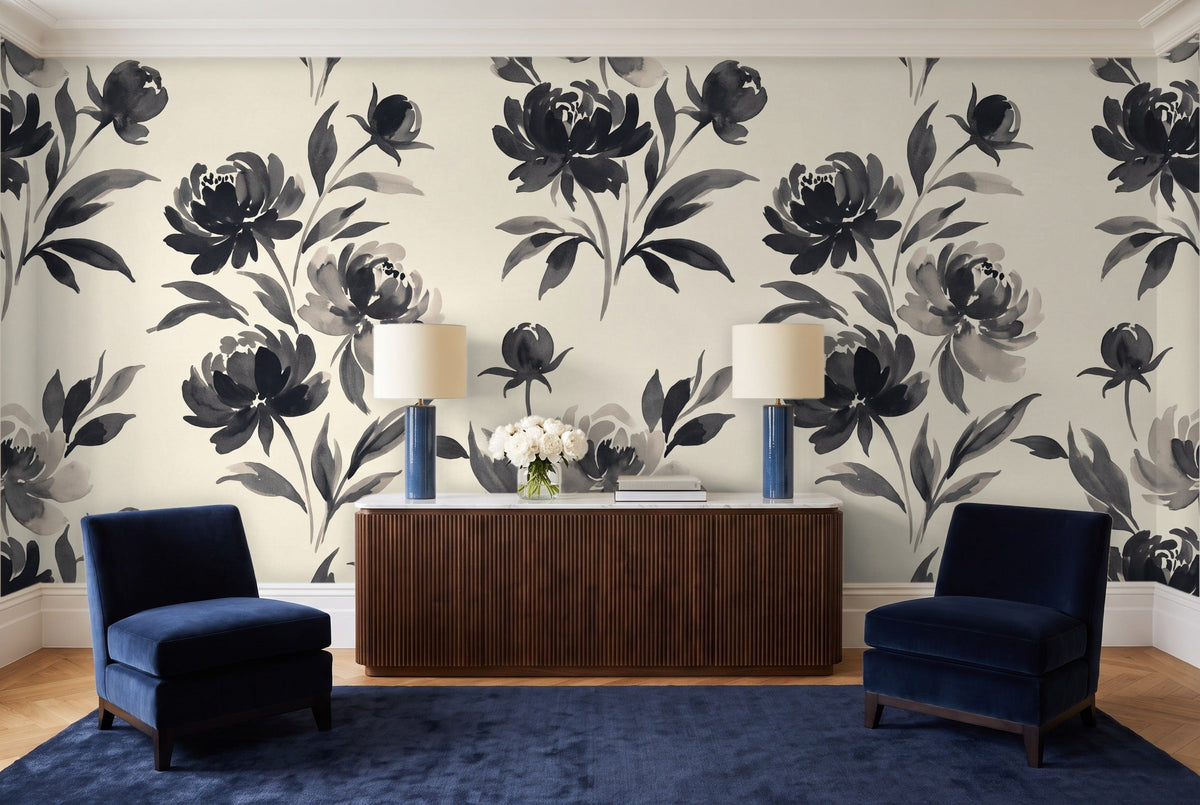 Black Peony Floral Mural in a living room