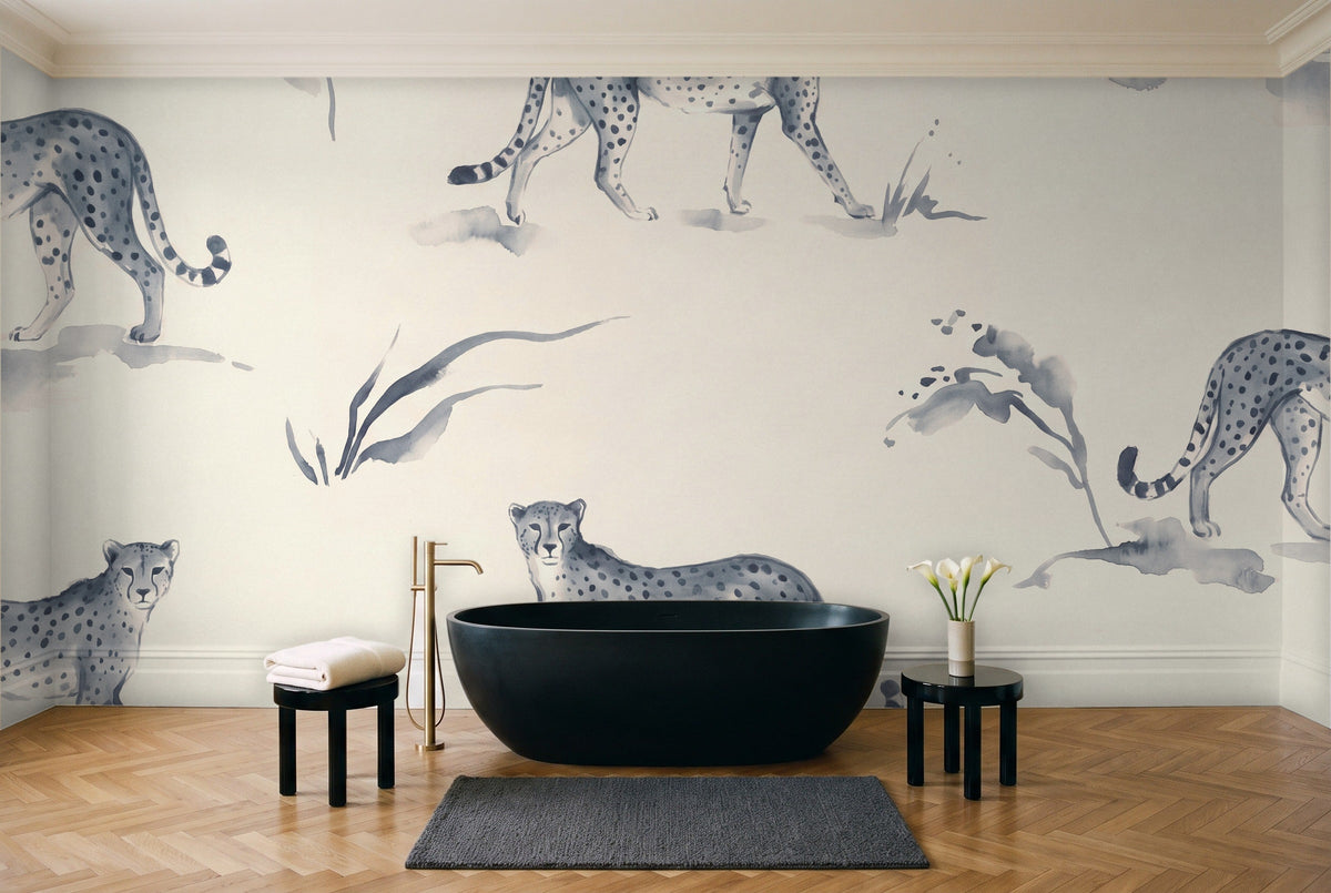 Blue Cheetah Animal Mural in a bathroom