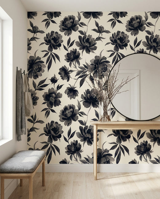 Black-and-white Peony Floral Mural